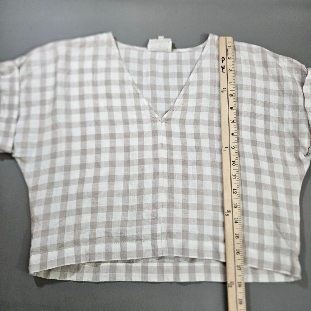 Lou & Grey Beige White Gingham 100% Linen V-Neck Boxy Cuffed Sleeve Top XXS - Picture 6 of 7
